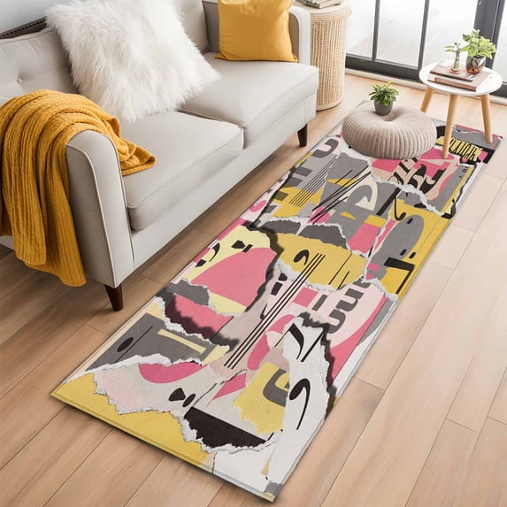 Runner Rug 2'x6', Abstract Art Washable Non-Slip Hallway Runner Rugs, Pink Yellow Collage Art Torn Paper Pieces Bedside Rugs Floor Mats Carpet Runners for Kitchen Bathroom Laundry Room