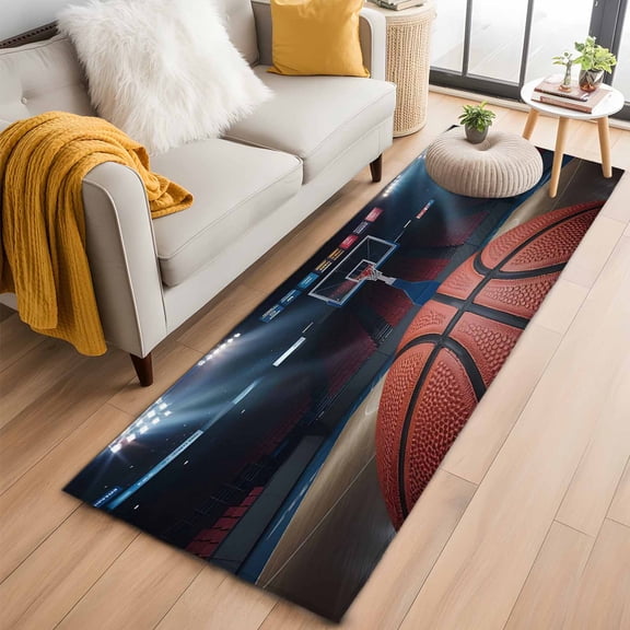 Runner Rug 2'x6', Basketball Washable Non-Slip Hallway Runner Rugs, Sports Theme Stadium Field Lights Ball Bedside Rugs Floor Mats Carpet Runners for Kitchen Bathroom Laundry Room
