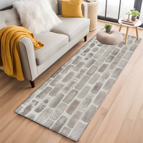 Runner Rug 2'x6', Beige Brick Wall Washable Non-Slip Hallway Runner Rugs, Retro Country Stone Rocks Geometric Print Bedside Rugs Floor Mats Carpet Runners for Kitchen Bathroom Laundry Room