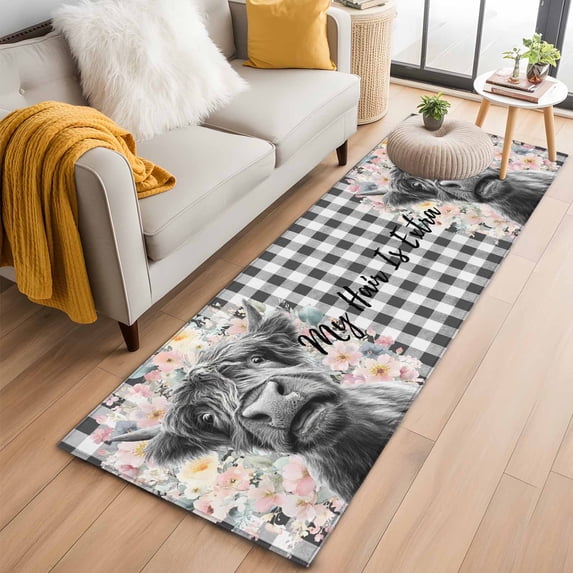 Runner Rug 2'x6', Black Cow Floral Washable Non-Slip Hallway Runner Rugs, Black Buffalo Plaid Farmhouse Animals Bedside Rugs Floor Mats Carpet Runners for Kitchen Bathroom Laundry Room