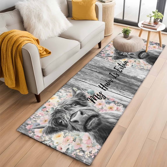 Runner Rug 2'x6', Black Cow Floral Washable Non-Slip Hallway Runner Rugs, Grey Ombre Farmhouse Animals Bedside Rugs Floor Mats Carpet Runners for Kitchen Bathroom Laundry Room