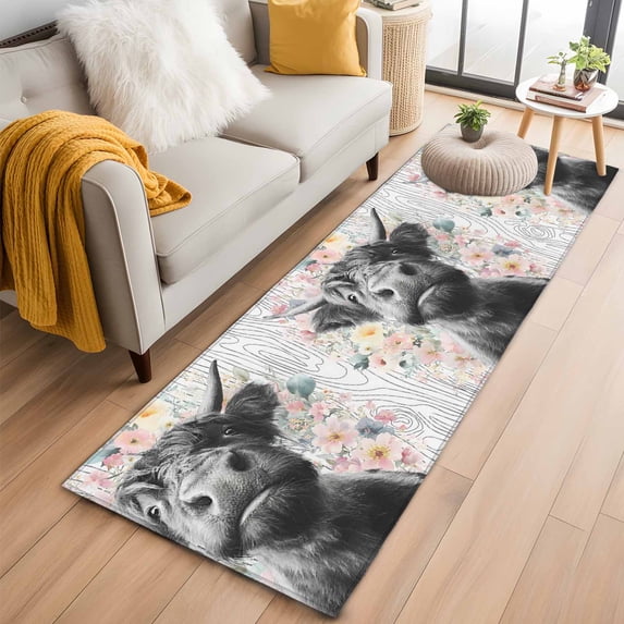 Runner Rug 2'x6', Black Cow Floral Washable Non-Slip Hallway Runner Rugs, Grey Wooden Farmhouse Animals Bedside Rugs Floor Mats Carpet Runners for Kitchen Bathroom Laundry Room