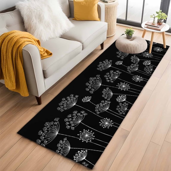 Runner Rug 2'x6', Black Dandelion Washable Non-Slip Hallway Runner Rugs, Spring Modern Minimalist Country Flower Bedside Rugs Floor Mats Carpet Runners for Kitchen Bathroom Laundry Room