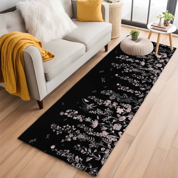 Runner Rug 2'x6', Black Floral Washable Non-Slip Hallway Runner Rugs, Elegant Pastoral Flowers Farmhouse Bedside Rugs Floor Mats Carpet Runners for Kitchen Bathroom Laundry Room