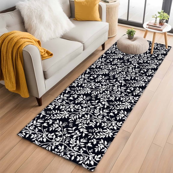 Runner Rug 2'x6', Black Spring Floral Washable Non-Slip Hallway Runner Rugs, Farmhouse Flowers Elegant Pastoral Bedside Rugs Floor Mats Carpet Runners for Kitchen Bathroom Laundry Room