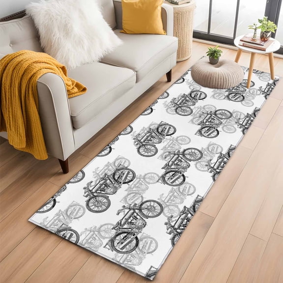 Runner Rug 2'x6', Black White Motorcycles Washable Non-Slip Hallway Runner Rugs, Modern Hand-Painted Vehicles Bedside Rugs Floor Mats Carpet Runners for Kitchen Bathroom Laundry Room
