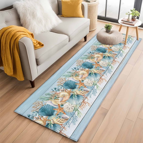 Runner Rug 2'x6', Blue Beach Coastal Washable Non-Slip Hallway Runner Rugs, Nautical Shell Starfish Coral Summer Bedside Rugs Floor Mats Carpet Runners for Kitchen Bathroom Laundry Room