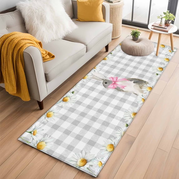 Runner Rug 2'x6', Blue Easter Bunny Washable Non-Slip Hallway Runner Rugs, Spring Daisy Modern Gray Buffalo Plaid Bedside Rugs Floor Mats Carpet Runners for Kitchen Bathroom Laundry Room