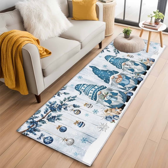 Runner Rug 2'x6', Blue Gnomes Christmas Washable Non-Slip Hallway Runner Rugs, Xmas Balls Tree Snowflake Wooden Bedside Rugs Floor Mats Carpet Runners for Kitchen Bathroom Laundry Room