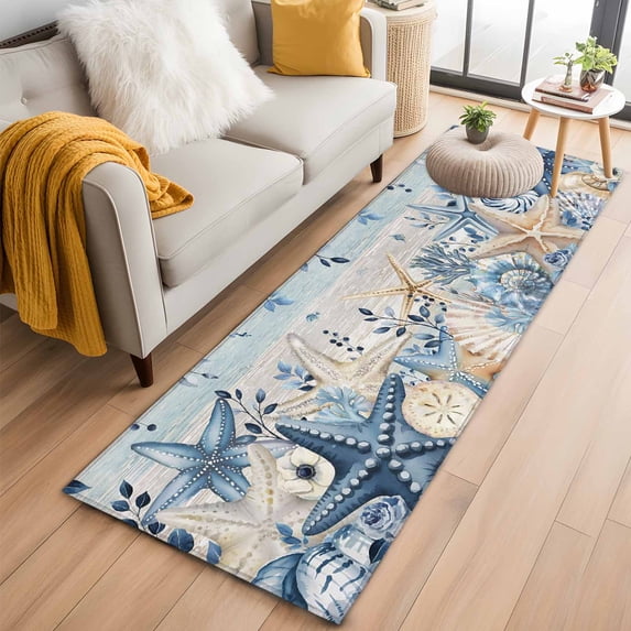 Runner Rug 2'x6', Blue Starfish Coastal Washable Non-Slip Hallway Runner Rugs, Eucalyptus Summer Nautical Shell Vintage Bedside Rugs Floor Mats Carpet Runners for Kitchen Bathroom Laundry Room