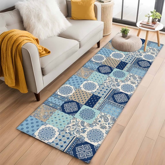 Runner Rug 2'x6', Bohemia Floral Washable Non-Slip Hallway Runner Rugs, Retro Mediterranean Texture Patchwork Blue Bedside Rugs Floor Mats Carpet Runners for Kitchen Bathroom Laundry Room