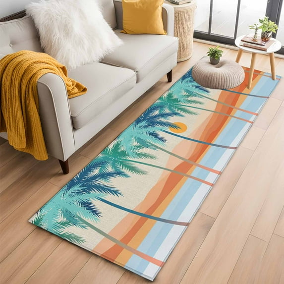 Runner Rug 2'x6', Boho Summer Beach Washable Non-Slip Hallway Runner Rugs, Abstract Tropical Palm Trees Burlap Bedside Rugs Floor Mats Carpet Runners for Kitchen Bathroom Laundry Room