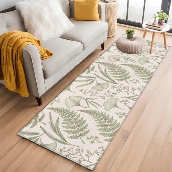 Runner Rug 2'x6', Botanical Green Washable Non-Slip Hallway Runner Rugs, Farmhouse Vintage Country Plant on Linen Bedside Rugs Floor Mats Carpet Runners for Kitchen Bathroom Laundry Room