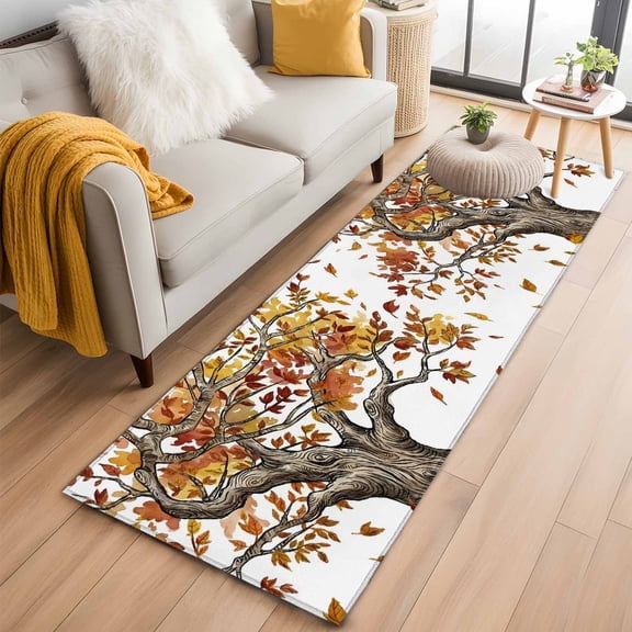 Runner Rug 2'x6', Brown Tree Fall Washable Non-Slip Hallway Runner Rugs, Leaves Branches Watercolor Botanical Elegant Bedside Rugs Floor Mats Carpet Runners for Kitchen Bathroom Laundry Room