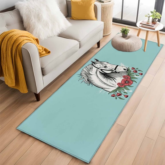 Runner Rug 2'x6', Cartoon Horse Washable Non-Slip Hallway Runner Rugs, Modern Minimalist Animals Flower Plant Green Bedside Rugs Floor Mats Carpet Runners for Kitchen Bathroom Laundry Room