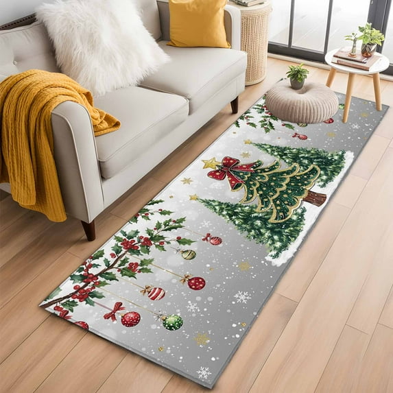 Runner Rug 2'x6', Christmas Tree Washable Non-Slip Hallway Runner Rugs, Grey Retro Winter Ball Berry Snowflakes Bedside Rugs Floor Mats Carpet Runners for Kitchen Bathroom Laundry Room