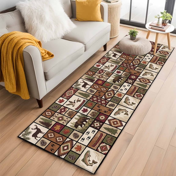 Runner Rug 2'x6', Country Patch Plaid Washable Non-Slip Hallway Runner Rugs, Brown Farmhouse Retro Bear Deer Cabin Bedside Rugs Floor Mats Carpet Runners for Kitchen Bathroom Laundry Room