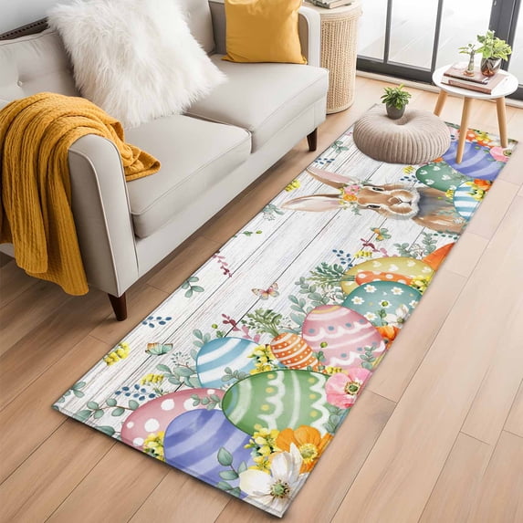 Runner Rug 2'x6', Easter Bunny Washable Non-Slip Hallway Runner Rugs, Colorful Easter Eggs Eucalyptus Grey Wooden Bedside Rugs Floor Mats Carpet Runners for Kitchen Bathroom Laundry Room