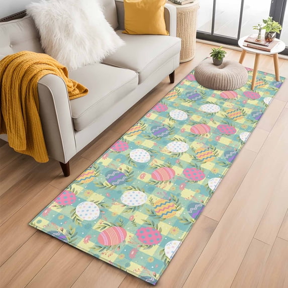 Runner Rug 2'x6', Easter Bunny Washable Non-Slip Hallway Runner Rugs, Colorful Eggs Spring Leaves Daisy Yellow Green Check Bedside Rugs Floor Mats Carpet Runners for Kitchen Bathroom Laundry Room