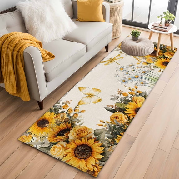 Runner Rug 2'x6', Farmhouse Sunflower Washable Non-Slip Hallway Runner Rugs, Vintage Daisy Butterflies Rustic Burlap Bedside Rugs Floor Mats Carpet Runners for Kitchen Bathroom Laundry Room