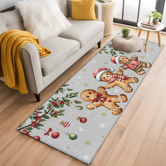 Runner Rug 2'x6', Gingerbread Christmas Washable Non-Slip Hallway Runner Rugs, Xmas Balls Branches Grey Bedside Rugs Floor Mats Carpet Runners for Kitchen Bathroom Laundry Room