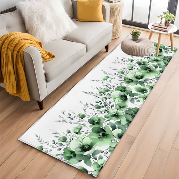 Runner Rug 2'x6', Green Blooms Floral Washable Non-Slip Hallway Runner Rugs, Farmhouse Spring Flowers Botanical Bedside Rugs Floor Mats Carpet Runners for Kitchen Bathroom Laundry Room