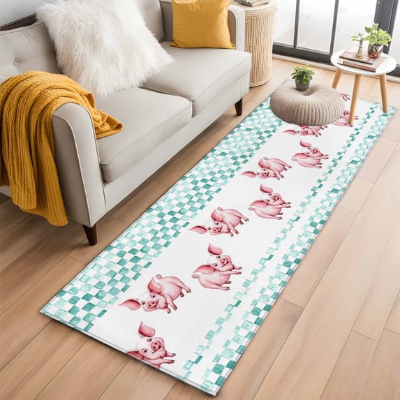 Runner Rug 2'x6', Green Plaid Farmhouse Washable Non-Slip Hallway Runner Rugs, Watercolor Cute Country Pigs Checkered Bedside Rugs Floor Mats Carpet Runners for Kitchen Bathroom Laundry Room