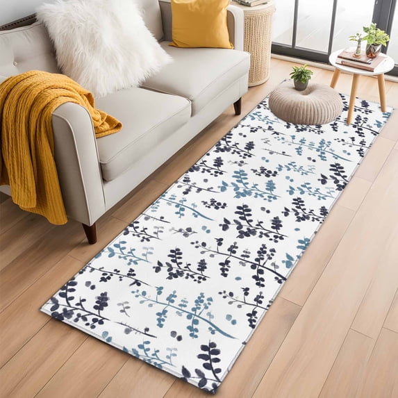 Runner Rug 2'x6', Grey Blue Botanical Washable Non-Slip Hallway Runner Rugs, Watercolor Spring Floral Summer Leaf Bedside Rugs Floor Mats Carpet Runners for Kitchen Bathroom Laundry Room
