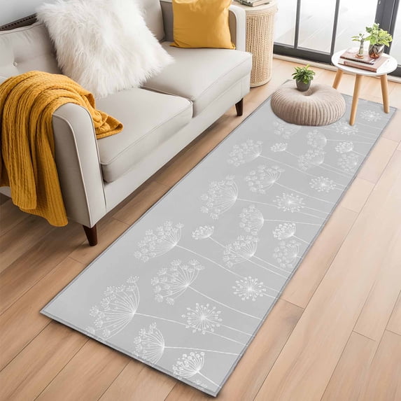 Runner Rug 2'x6', Grey Dandelion Washable Non-Slip Hallway Runner Rugs, Spring Modern Minimalist Country Flower Bedside Rugs Floor Mats Carpet Runners for Kitchen Bathroom Laundry Room