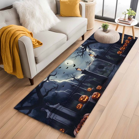 Runner Rug 2'x6', Halloween Washable Non-Slip Hallway Runner Rugs, Horror Graveyard Manor Moonlight Lightning Bedside Rugs Floor Mats Carpet Runners for Kitchen Bathroom Laundry Room
