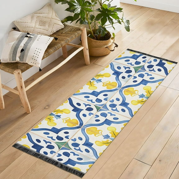 Runner Rug 2'x6' Hallway Area Rugs Bohomia Blue and Yellow Vintage Non Slip Entryway Runner Carpet with Tassels Living Room Bedroom