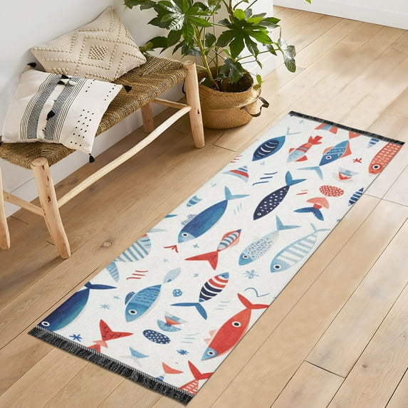 Runner Rug 2'x6' Hallway Area Rugs Fishes Vintage Non Slip Entryway Runner Carpet with Tassels Living Room Bedroom