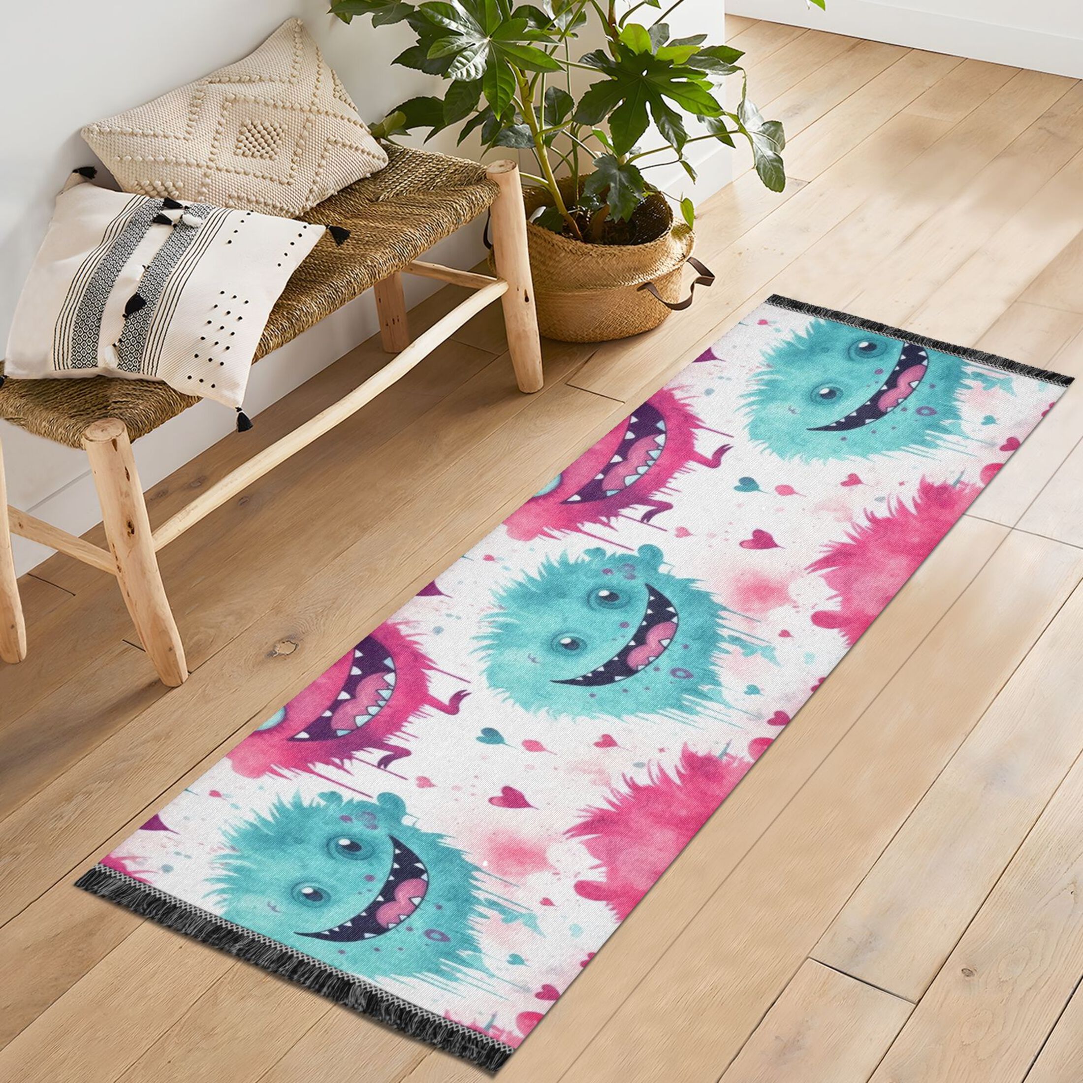 Runner Rug 2'x6' Hallway Area Rugs Monsters Vintage Non Slip Entryway Runner Carpet with Tassels Living Room Bedroom