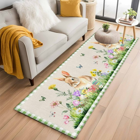 Runner Rug 2'x6', Happy Easter Bunny Washable Non-Slip Hallway Runner Rugs, Spring Floral Burlap Sage Green Plaid Bedside Rugs Floor Mats Carpet Runners for Kitchen Bathroom Laundry Room