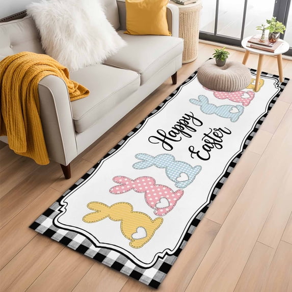 Runner Rug 2'x6', Happy Easter Washable Non-Slip Hallway Runner Rugs, Cute Lovely Colorful Rabbits Black White Plaid Bedside Rugs Floor Mats Carpet Runners for Kitchen Bathroom Laundry Room