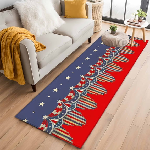 Runner Rug 2'x6', Independence Day Washable Non-Slip Hallway Runner Rugs, 4th of July Star Blue Red Striped Bedside Rugs Floor Mats Carpet Runners for Kitchen Bathroom Laundry Room