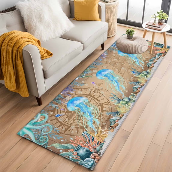 Runner Rug 2'x6', Jellyfish Coastal Washable Non-Slip Hallway Runner Rugs, Summer Nautical Starfish Coral Brown Anchor Bedside Rugs Floor Mats Carpet Runners for Kitchen Bathroom Laundry Room