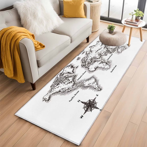 Runner Rug 2'x6', Nautical Map Washable Non-Slip Hallway Runner Rugs, Coastal Vintage Ocean Map Compass Bedside Rugs Floor Mats Carpet Runners for Kitchen Bathroom Laundry Room
