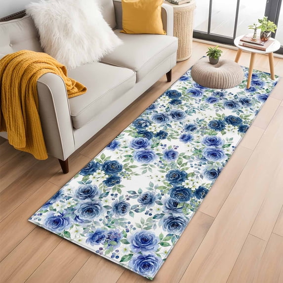 Runner Rug 2'x6', Navy Blue Roses Washable Non-Slip Hallway Runner Rugs, Spring Floral Elegant Pastoral Botanical Bedside Rugs Floor Mats Carpet Runners for Kitchen Bathroom Laundry Room
