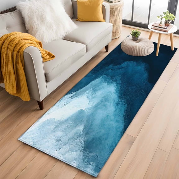 Runner Rug 2'x6', Navy Blue Waves Washable Non-Slip Hallway Runner Rugs, Coastal Summer Beach Ocean Bedside Rugs Floor Mats Carpet Runners for Kitchen Bathroom Laundry Room