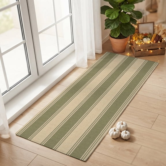 Runner Rug 2'x6', Olive Green Stripes Washable Non-Slip Hallway Runner Rugs, Modern Striped Cream Bedside Rugs Floor Mats Carpet Runners for Kitchen Bathroom Laundry Room