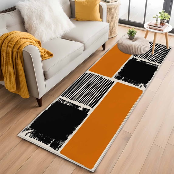 Runner Rug 2'x6', Orange Black Washable Non-Slip Hallway Runner Rugs, Farmhouse Striped Modern Abstract Art Bedside Rugs Floor Mats Carpet Runners for Kitchen Bathroom Laundry Room