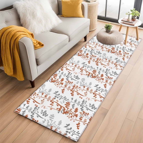 Runner Rug 2'x6', Orange Grey Botanical Washable Non-Slip Hallway Runner Rugs, Spring Floral Summer Farmhouse Bedside Rugs Floor Mats Carpet Runners for Kitchen Bathroom Laundry Room