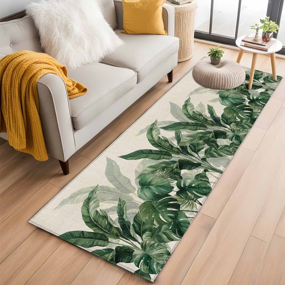 Runner Rug 2'x6', Palm Leaves Tropical Washable Non-Slip Hallway Runner Rugs, Green Botanical Summer Linen Bedside Rugs Floor Mats Carpet Runners for Kitchen Bathroom Laundry Room