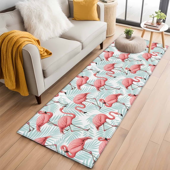 Runner Rug 2'x6', Pink Flamingo Washable Non-Slip Hallway Runner Rugs, Blue Summer Tropical Plants Leaves Bedside Rugs Floor Mats Carpet Runners for Kitchen Bathroom Laundry Room