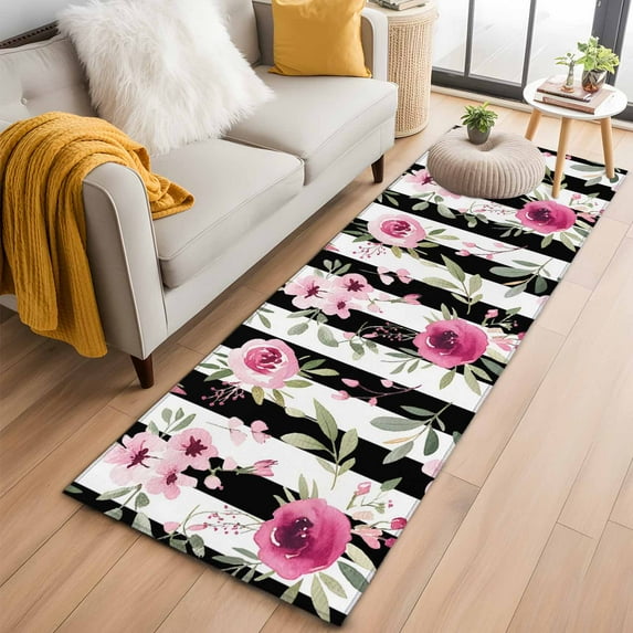 Runner Rug 2'x6', Pink Roses Washable Non-Slip Hallway Runner Rugs, Romantic Flowers Leaves Floral Black Stripes Bedside Rugs Floor Mats Carpet Runners for Kitchen Bathroom Laundry Room