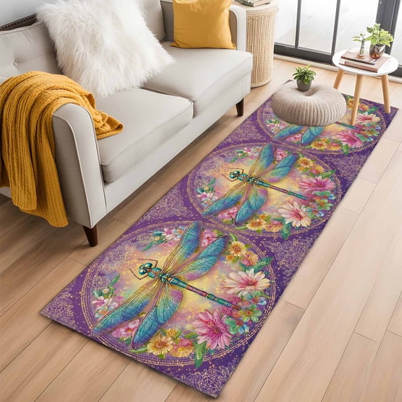 Runner Rug 2'x6', Purple Dragonfly Washable Non-Slip Hallway Runner Rugs, Colorful Flowers Watercolor Chic Floral Plant Bedside Rugs Floor Mats Carpet Runners for Kitchen Bathroom Laundry Room