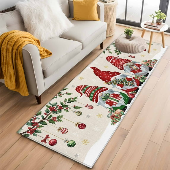 Runner Rug 2'x6', Red Gnomes Christmas Washable Non-Slip Hallway Runner Rugs, Xmas Ball Gifts Snowflake Rustic Bedside Rugs Floor Mats Carpet Runners for Kitchen Bathroom Laundry Room