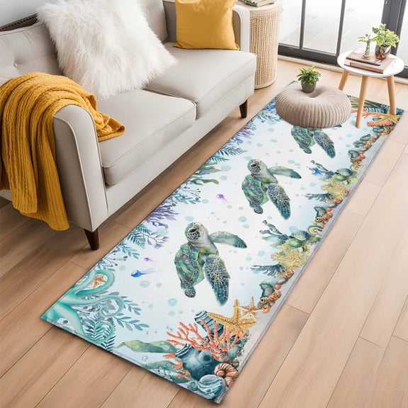 Runner Rug 2'x6', Sea Turtle Coastal Washable Non-Slip Hallway Runner Rugs, Summer Nautical Starfish Coral Ocean Bedside Rugs Floor Mats Carpet Runners for Kitchen Bathroom Laundry Room