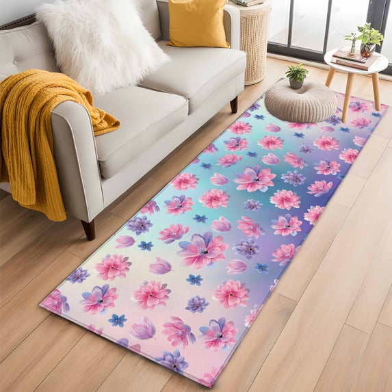 Runner Rug 2'x6', Spring Floral Washable Non-Slip Hallway Runner Rugs, Purple Pink Blue Flower Botanical Ombre Bedside Rugs Floor Mats Carpet Runners for Kitchen Bathroom Laundry Room